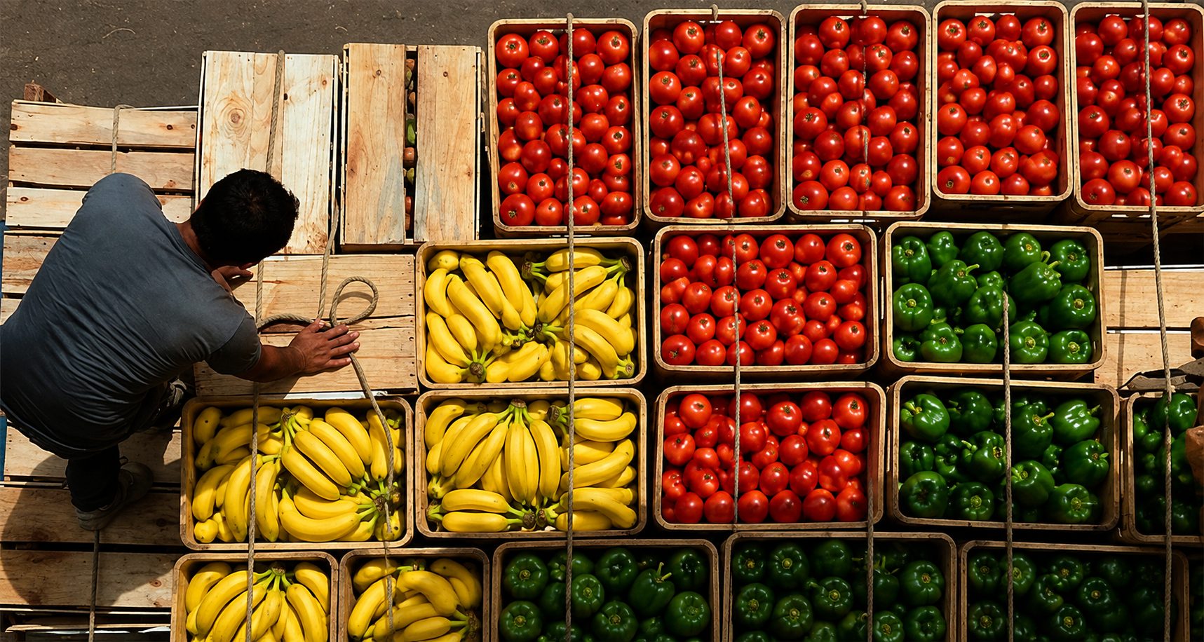Caixas de tomate, banana e pimentão organizadas e amarradas para carregamento